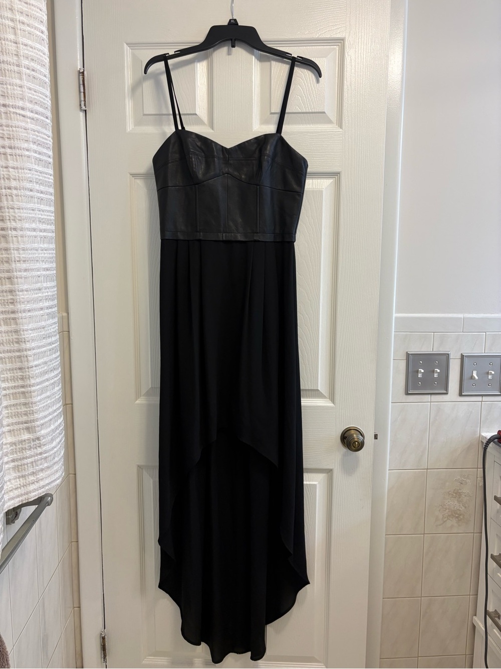 BCBGMAXAZRIA Leandra Black Faux Leather High-Low Bodice Dress Size M
